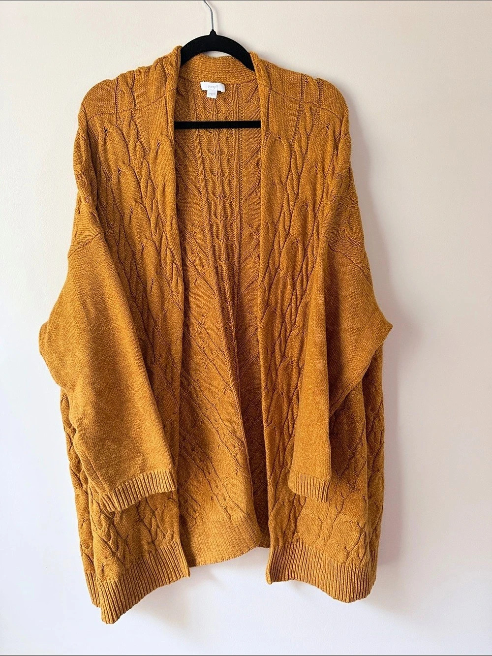 Pure Jill by J Jill Cable Knit Open Front Cardigan Mustard Yellow